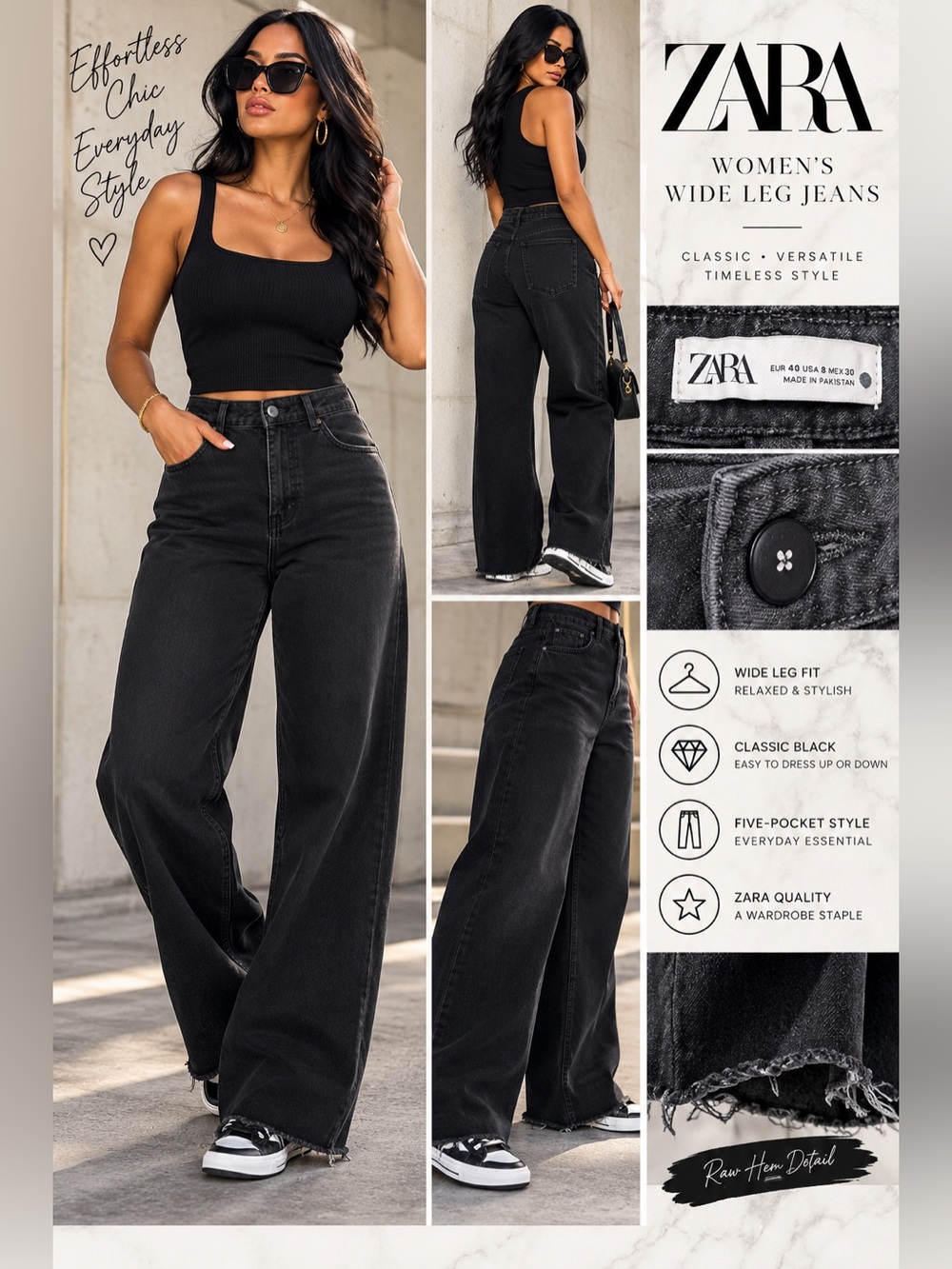 Zara Classic Black Wide Leg Jeans - Women's size 8 NWOT
